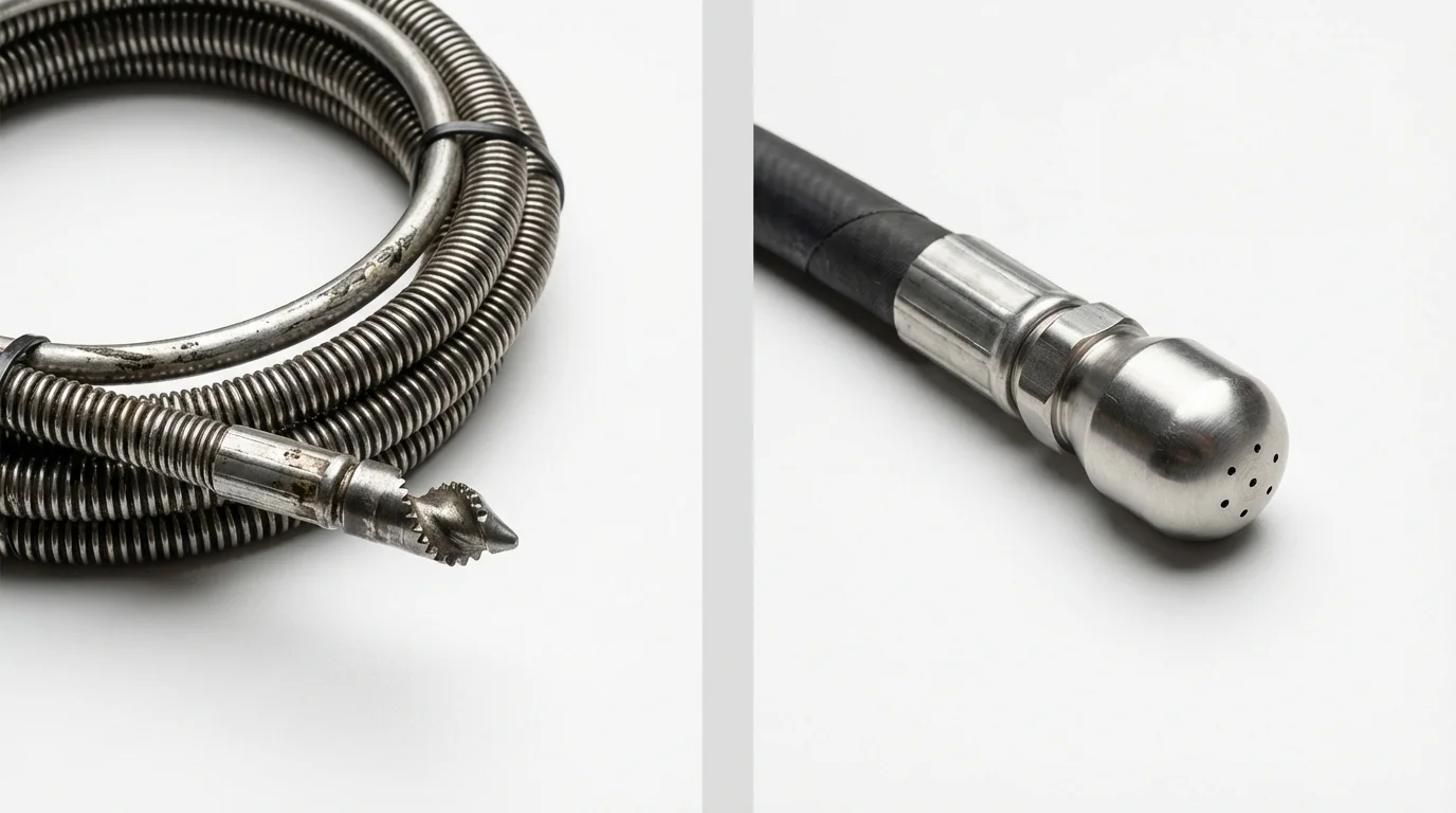 Drain snake cable and hydro jetting nozzle used for drain cleaning in San Bruno, CA