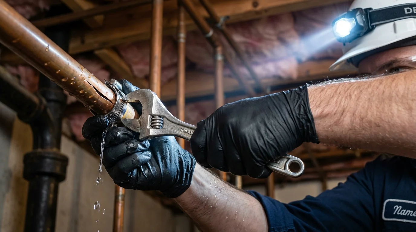 Emergency pipe clamp repair being performed by a Johns Plumbing LLC plumber in San Bruno