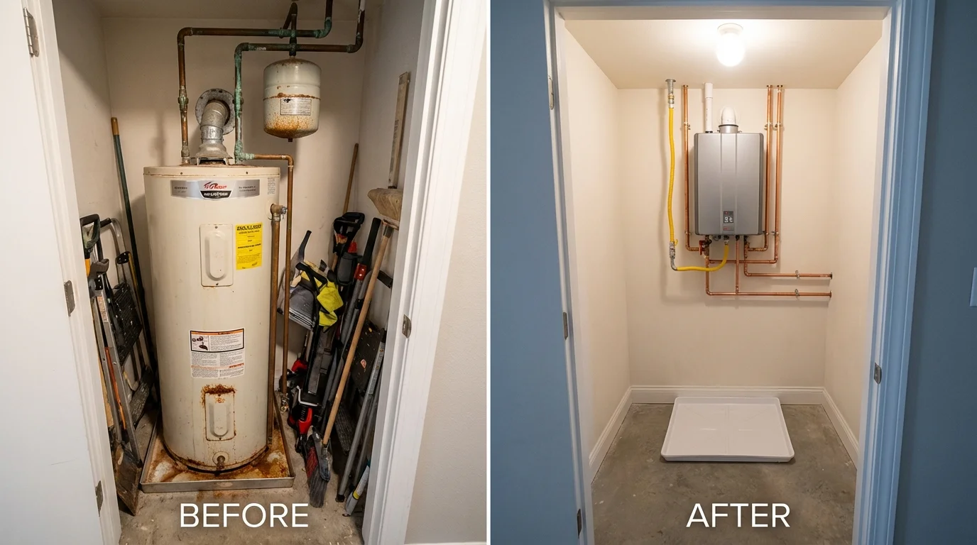 Tank water heater versus wall-mounted tankless unit comparison for San Bruno, CA homeowners
