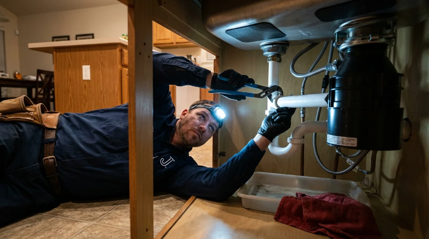 P-trap and supply line connections under a kitchen sink showing a common leak point in San Bruno, CA